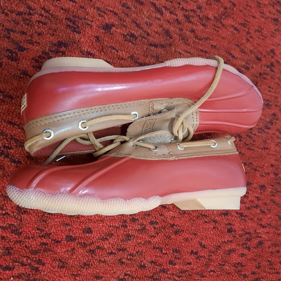Sperry Wo's Womens Topsider Waterproof Rubber Boots Slip on Red Tan Size 7.5 - Picture 12 of 13